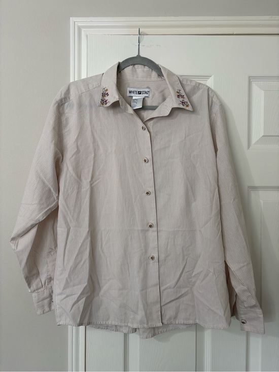 White Stag Tops - White Stag Embroidered Floral Pinstripe Button-Up Shirt Size 14 Cottagecore